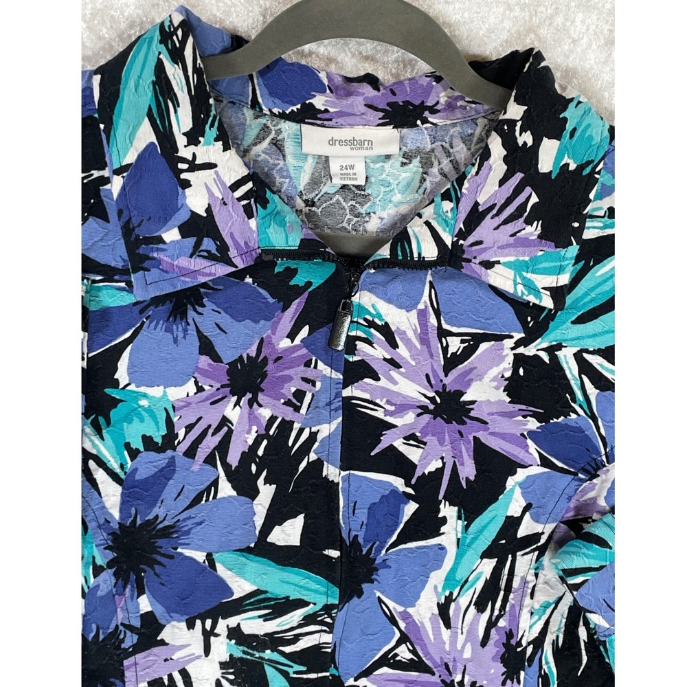 Dressbarn Woman Floral Zip Up Jacket Womens 24W Blue Purple Cotton Matelasse